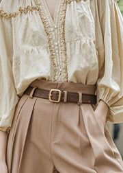 Women Apricot V Neck Ruffled Patchwork Cotton Shirt Fall