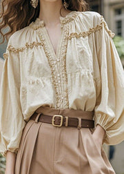 Women Apricot V Neck Ruffled Patchwork Cotton Shirt Fall
