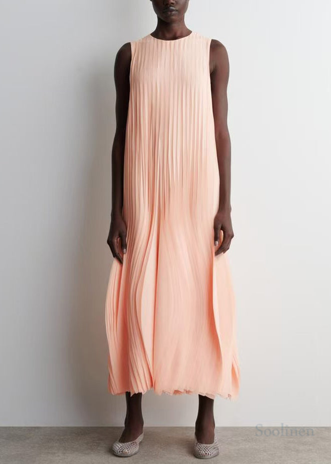 Women Apricot Wrinkled Chiffon Long Dress Sleeveless