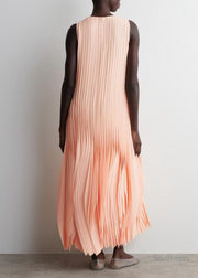 Women Apricot Wrinkled Chiffon Long Dress Sleeveless