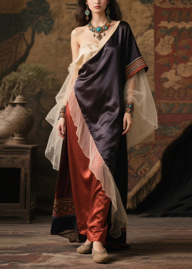 Women Asymmetrical Patchwork Tulle One Shoulder Long Dress Summer