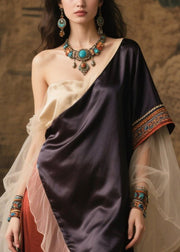 Women Asymmetrical Patchwork Tulle One Shoulder Long Dress Summer