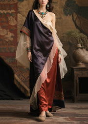 Women Asymmetrical Patchwork Tulle One Shoulder Long Dress Summer