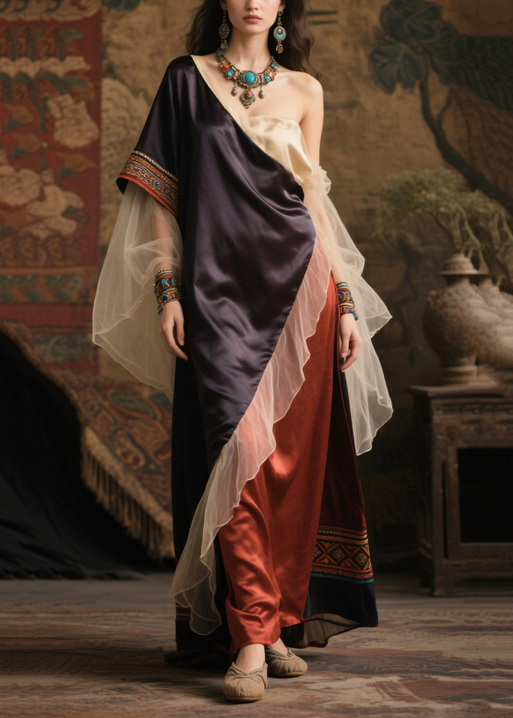 Women Asymmetrical Patchwork Tulle One Shoulder Long Dress Summer