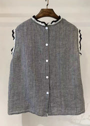 Women Back Button Down Patchwork Lace Linen Tops Sleeveless