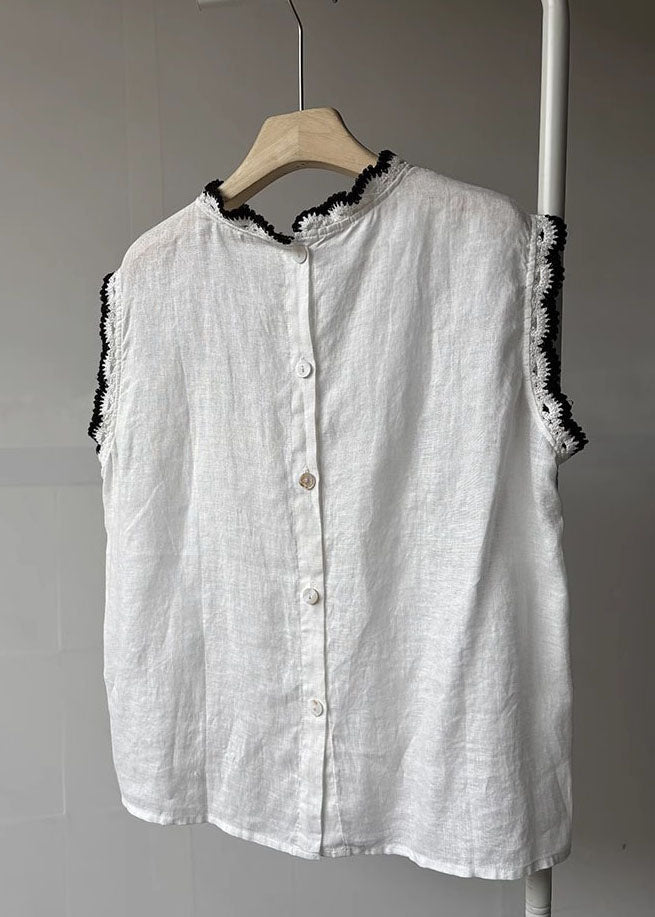 Women Back Button Down Patchwork Lace Linen Tops Sleeveless