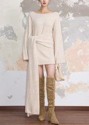 Women Beige Cozy Tie Waist Knit Sweater Dress Fall