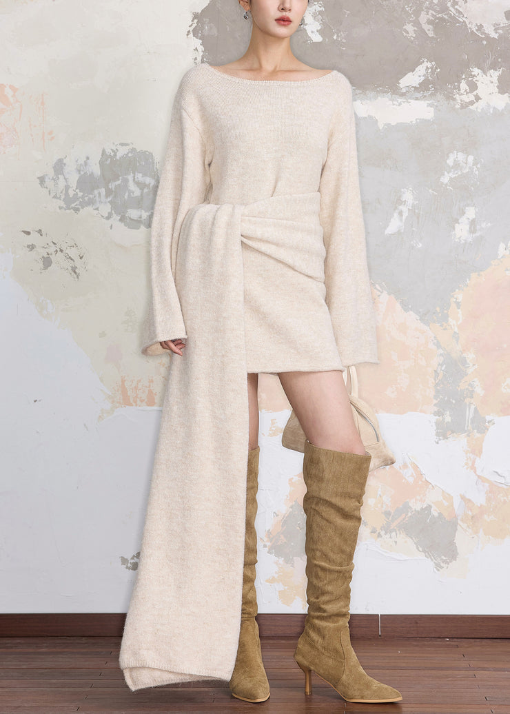 Women Beige Cozy Tie Waist Knit Sweater Dress Fall