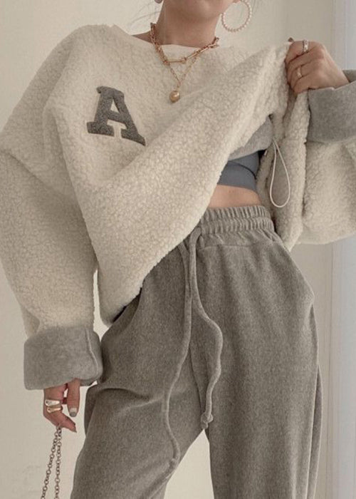 Women Beige Drawstring Cozy Solid Sweatshirt Batwing Sleeve