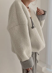 Women Beige Drawstring Cozy Solid Sweatshirt Batwing Sleeve