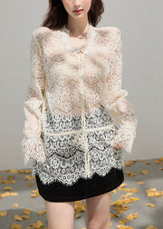 Women Beige Embroidered Hollow Out Lace Shirt Top Summer