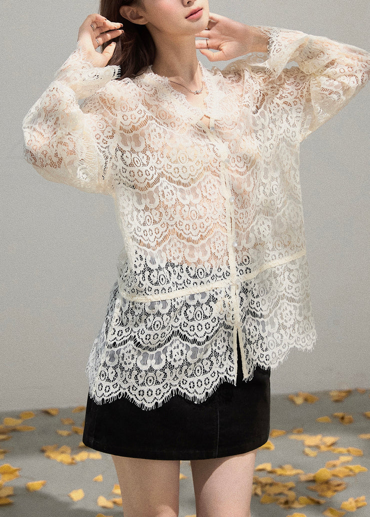 Women Beige Embroidered Hollow Out Lace Shirt Top Summer