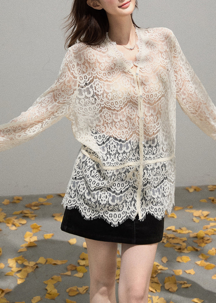 Women Beige Embroidered Hollow Out Lace Shirt Top Summer