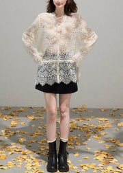 Women Beige Embroidered Hollow Out Lace Shirt Top Summer