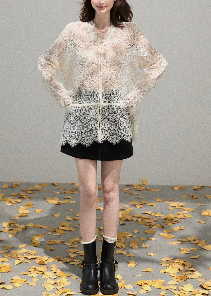 Women Beige Embroidered Hollow Out Lace Shirt Top Summer