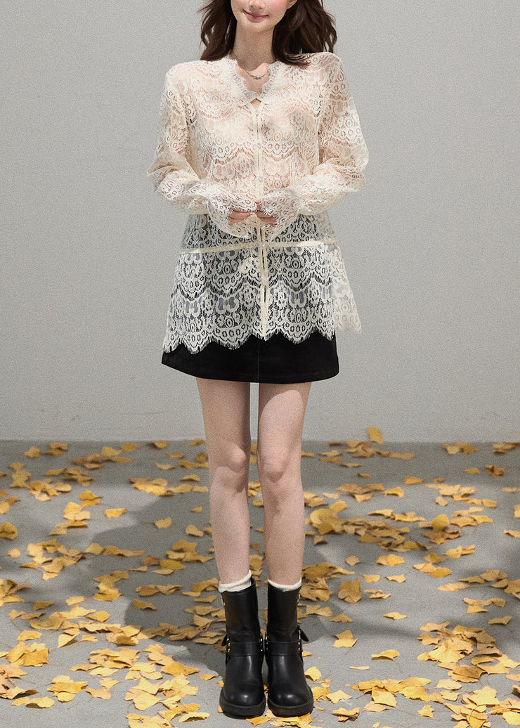 Women Beige Embroidered Hollow Out Lace Shirt Top Summer
