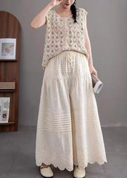 Women Beige Embroidered Wrinkled Cotton Pants Summer
