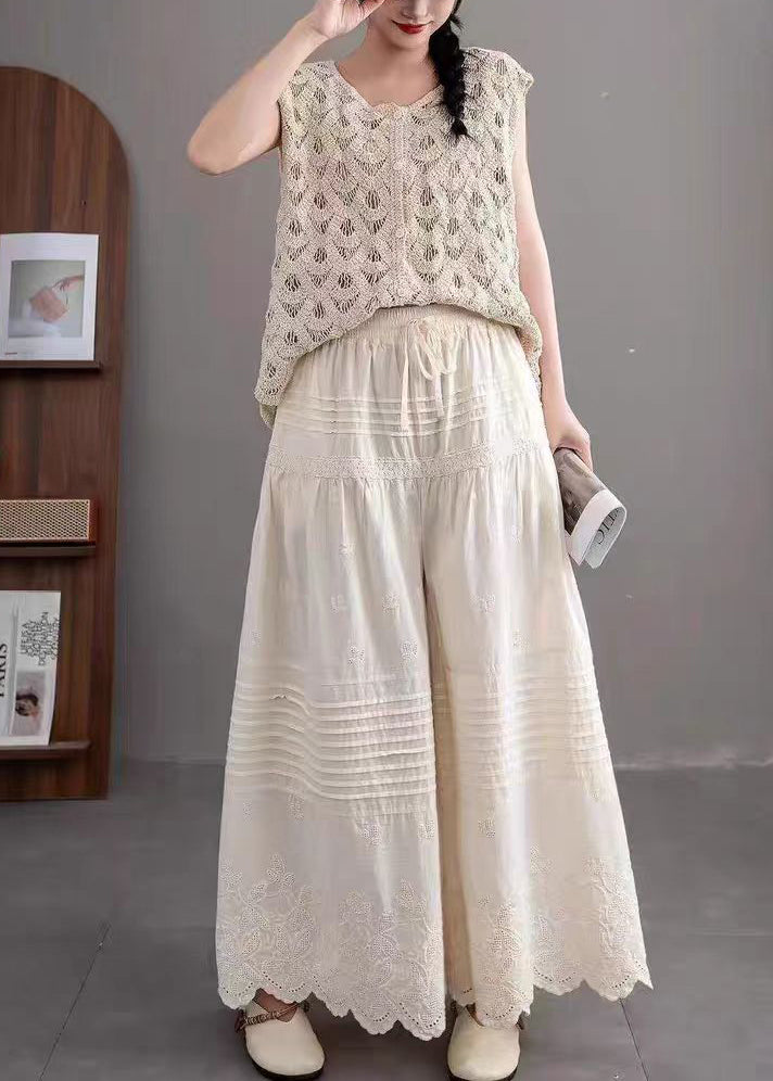 Women Beige Embroidered Wrinkled Cotton Pants Summer