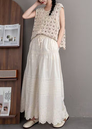 Women Beige Embroidered Wrinkled Cotton Pants Summer