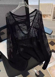 Women Beige Hollow Out Solid Knit Tops Summer