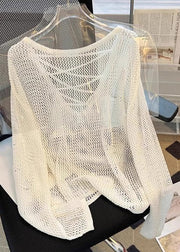 Women Beige Hollow Out Solid Knit Tops Summer