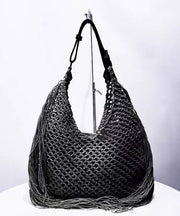 Women Beige Hollow Out Tasseled Woven Shoulder Bags