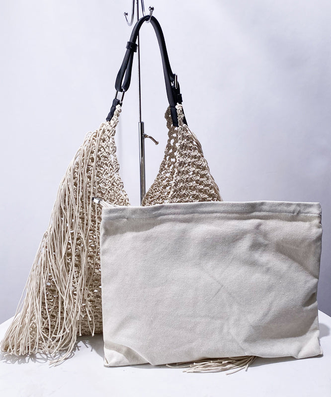 Women Beige Hollow Out Tasseled Woven Shoulder Bags