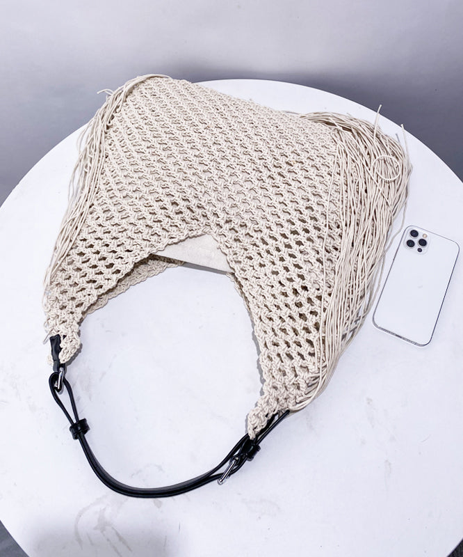 Women Beige Hollow Out Tasseled Woven Shoulder Bags