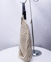 Women Beige Hollow Out Tasseled Woven Shoulder Bags