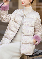 Women Beige Jacquard Fur Patchwork Duck Down Down Coat Winter