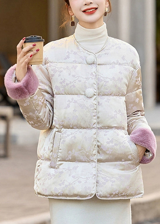 Women Beige Jacquard Fur Patchwork Duck Down Down Coat Winter