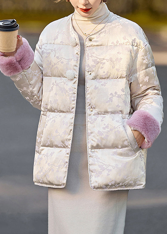 Women Beige Jacquard Fur Patchwork Duck Down Down Coat Winter