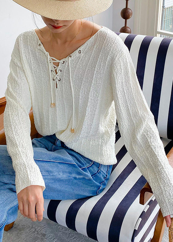Women Beige Lace Up Solid Thin Knit Top Spring