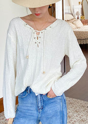 Women Beige Lace Up Solid Thin Knit Top Spring