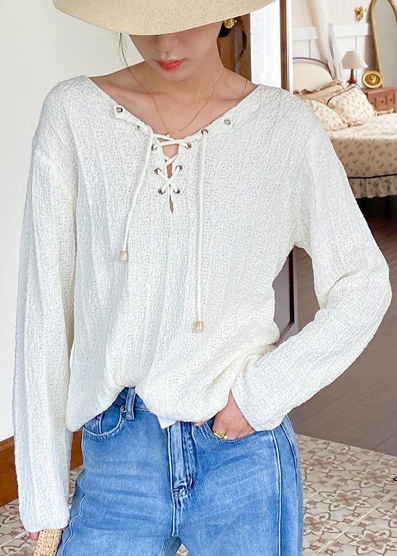 Women Beige Lace Up Solid Thin Knit Top Spring