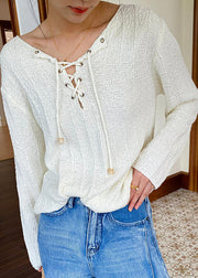 Women Beige Lace Up Solid Thin Knit Top Spring