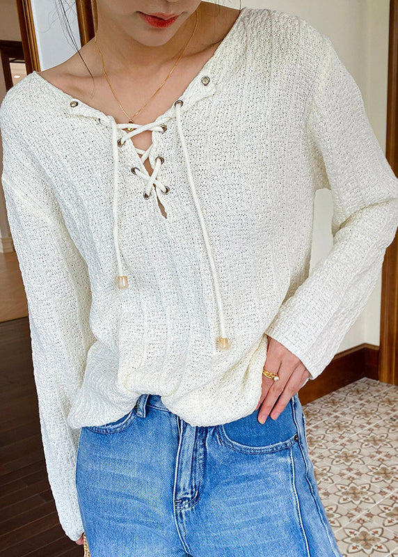 Women Beige Lace Up Solid Thin Knit Top Spring