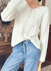 Women Beige Lace Up Solid Thin Knit Top Spring