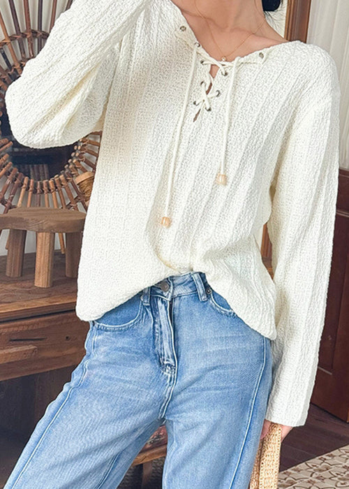 Women Beige Lace Up Solid Thin Knit Top Spring
