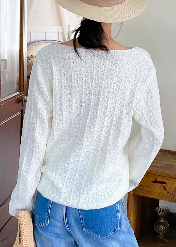 Women Beige Lace Up Solid Thin Knit Top Spring