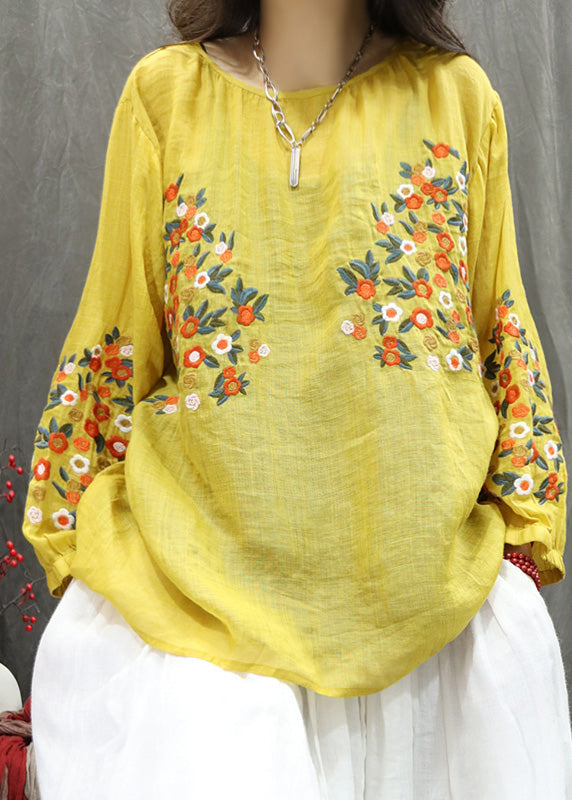 Women Beige O-Neck Embroidered Linen Shirt Top Fall
