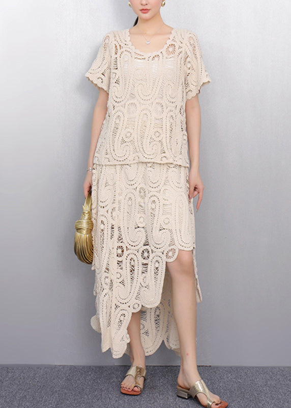 Women Beige O-Neck Lace T Shirt And Maxi Skirts Two Piece Set Short Sleeve