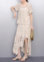 Women Beige O-Neck Lace T Shirt And Maxi Skirts Two Piece Set Short Sleeve