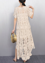 Women Beige O-Neck Lace T Shirt And Maxi Skirts Two Piece Set Short Sleeve