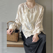 Women Beige O-Neck Print Chiffon Shirts Long Sleeve