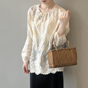Women Beige O-Neck Print Chiffon Shirts Long Sleeve