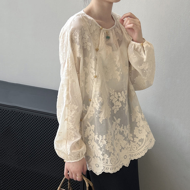 Women Beige O-Neck Print Chiffon Shirts Long Sleeve