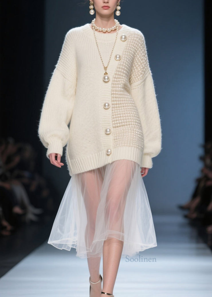 Women Beige O Neck Tulle Patchwork Knit Sweater Dress Fall