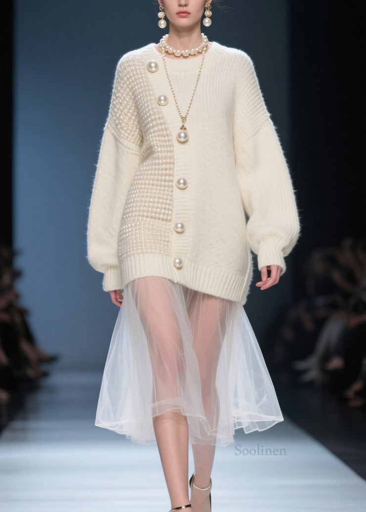 Women Beige O Neck Tulle Patchwork Knit Sweater Dress Fall