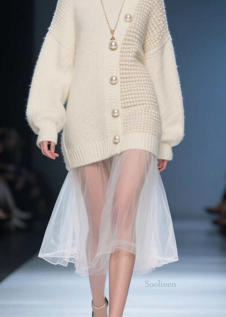 Women Beige O Neck Tulle Patchwork Knit Sweater Dress Fall